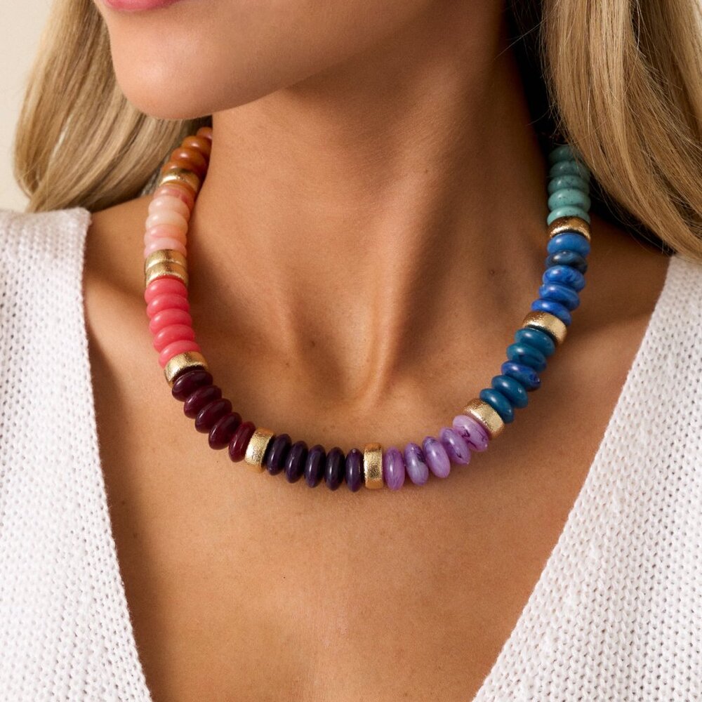 Rainbow Beaded Gold Multi-Color Neutral Boho Classic Statement Necklace NEW - Picture 8 of 10